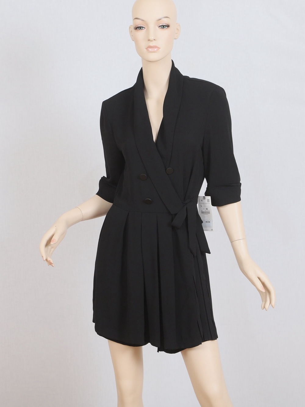 Zara Black Wrap Romper Dress with Pleated Skirt large